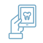 Icon of a hand holding a cellphone with a tooth on the screen